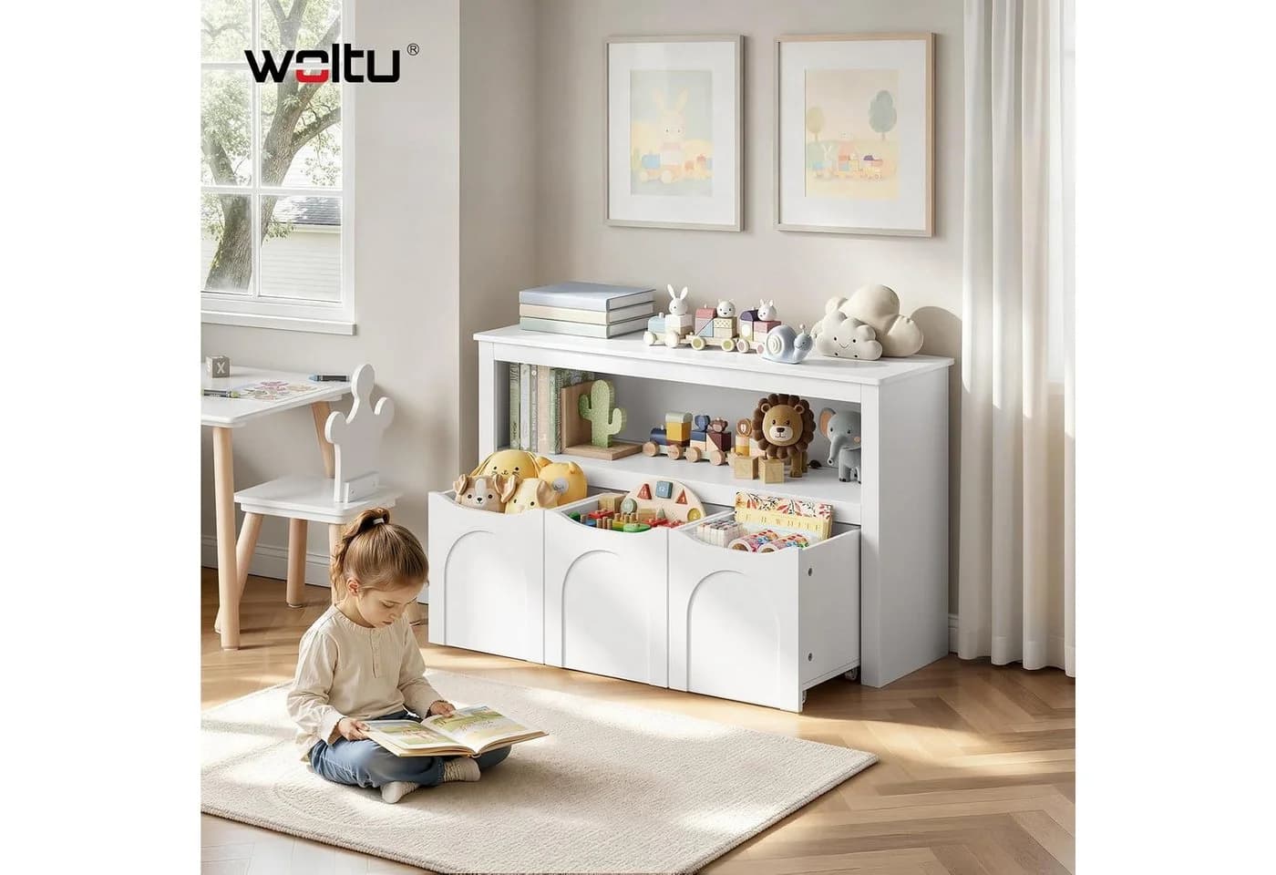 Woltu Kinderregal mit 3 Schubladen und Rollen Weiß