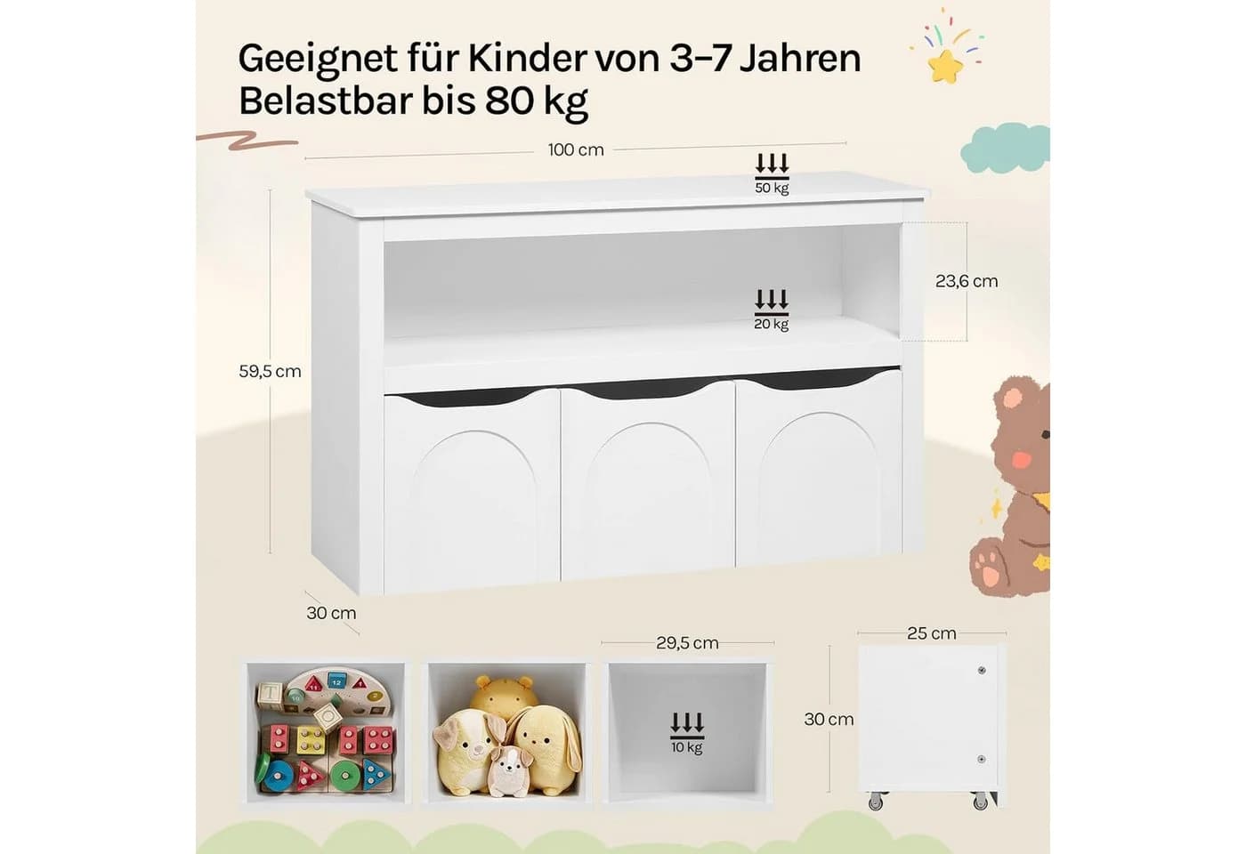 Woltu Kinderregal mit 3 Schubladen und Rollen Weiß - Bild 3