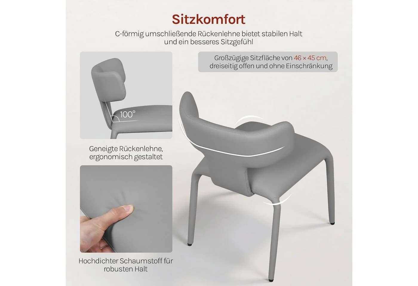 Woltu 4-Fußstuhl Grau Kunstleder mit Rückenlehne & Metallgestell - Bild 4