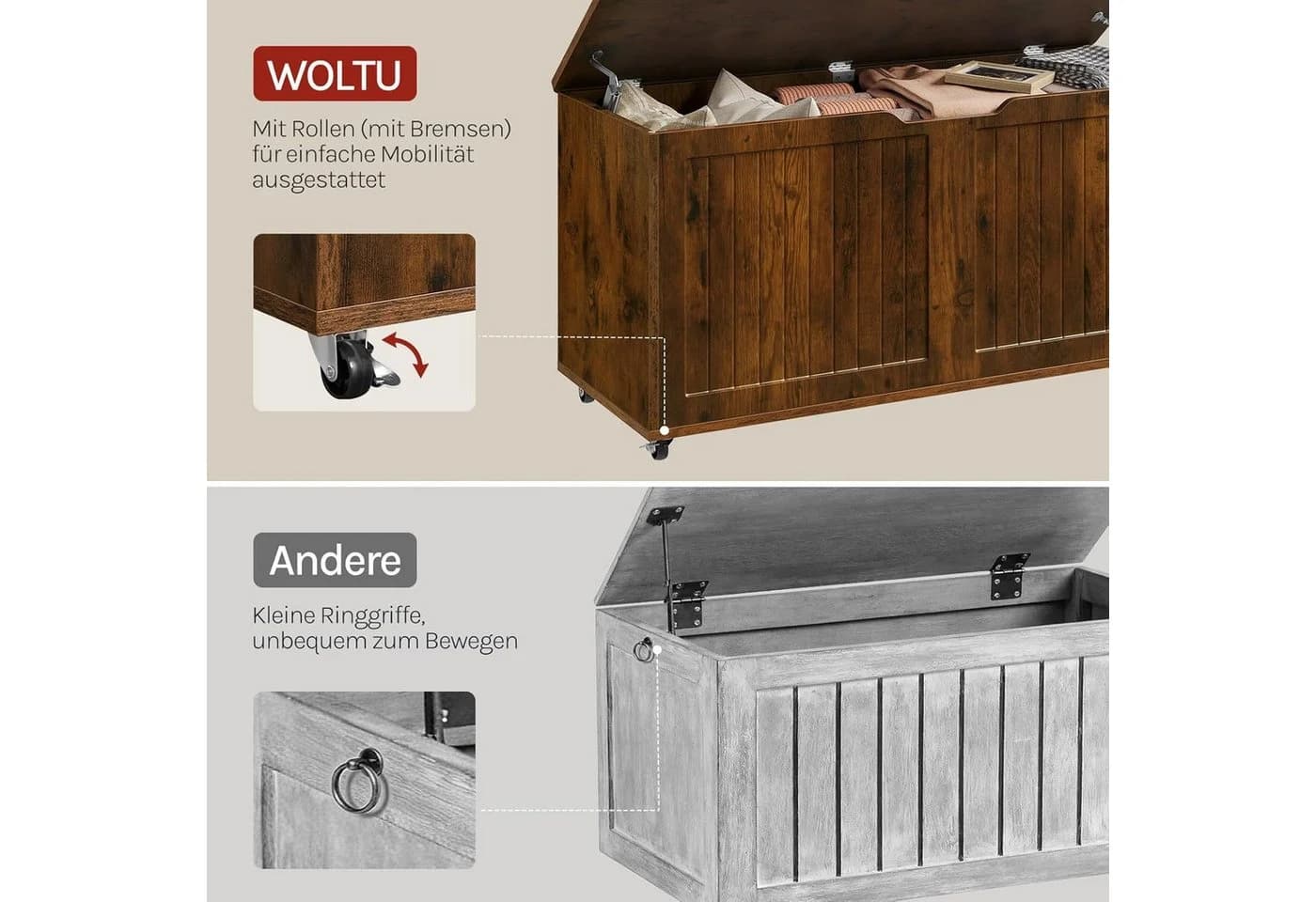 Woltu Sitztruhe mit Stauraum und Rollen Weiß/Rustikales Braun - Bild 4