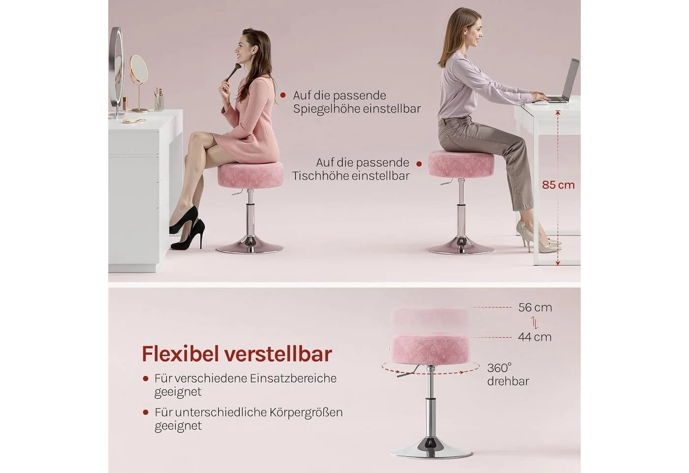 Woltu Drehhocker Samt Rosa höhenverstellbar 360° drehbar - Bild 5