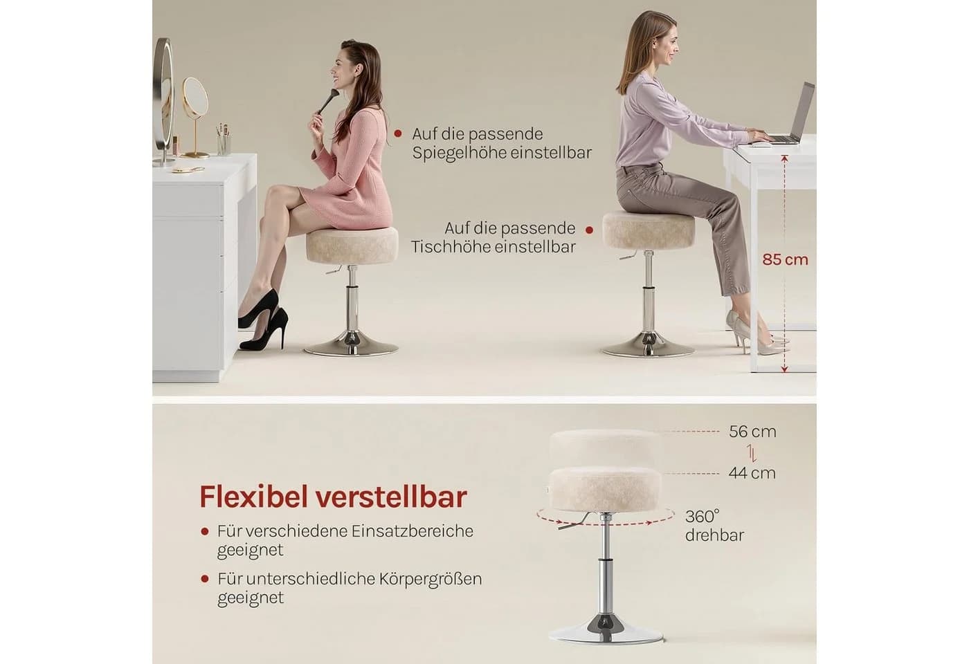 Woltu Drehhocker Samt höhenverstellbar drehbar Weiß/Rosa/Schwarz - Bild 5