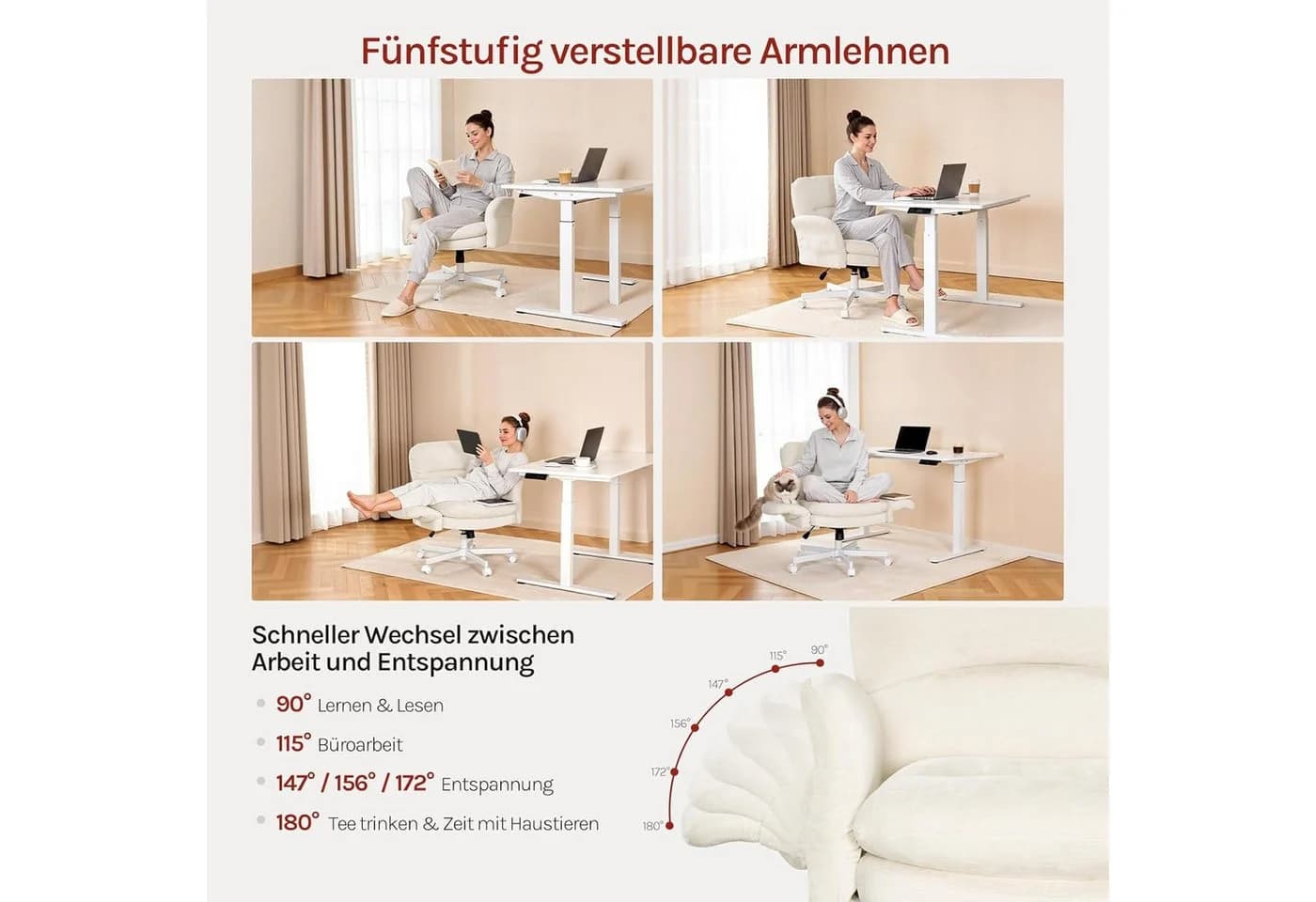 Woltu Schreibtischstuhl Beige/Grau mit verstellbaren Armlehnen & Seitentasche - Bild 4
