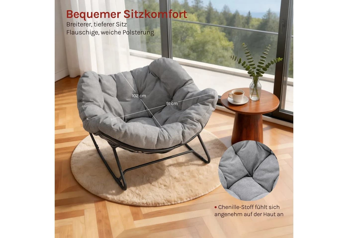 Woltu Schaukelstuhl mit gepolstertem Chenille-Sitzkissen Grau Metall - Bild 5