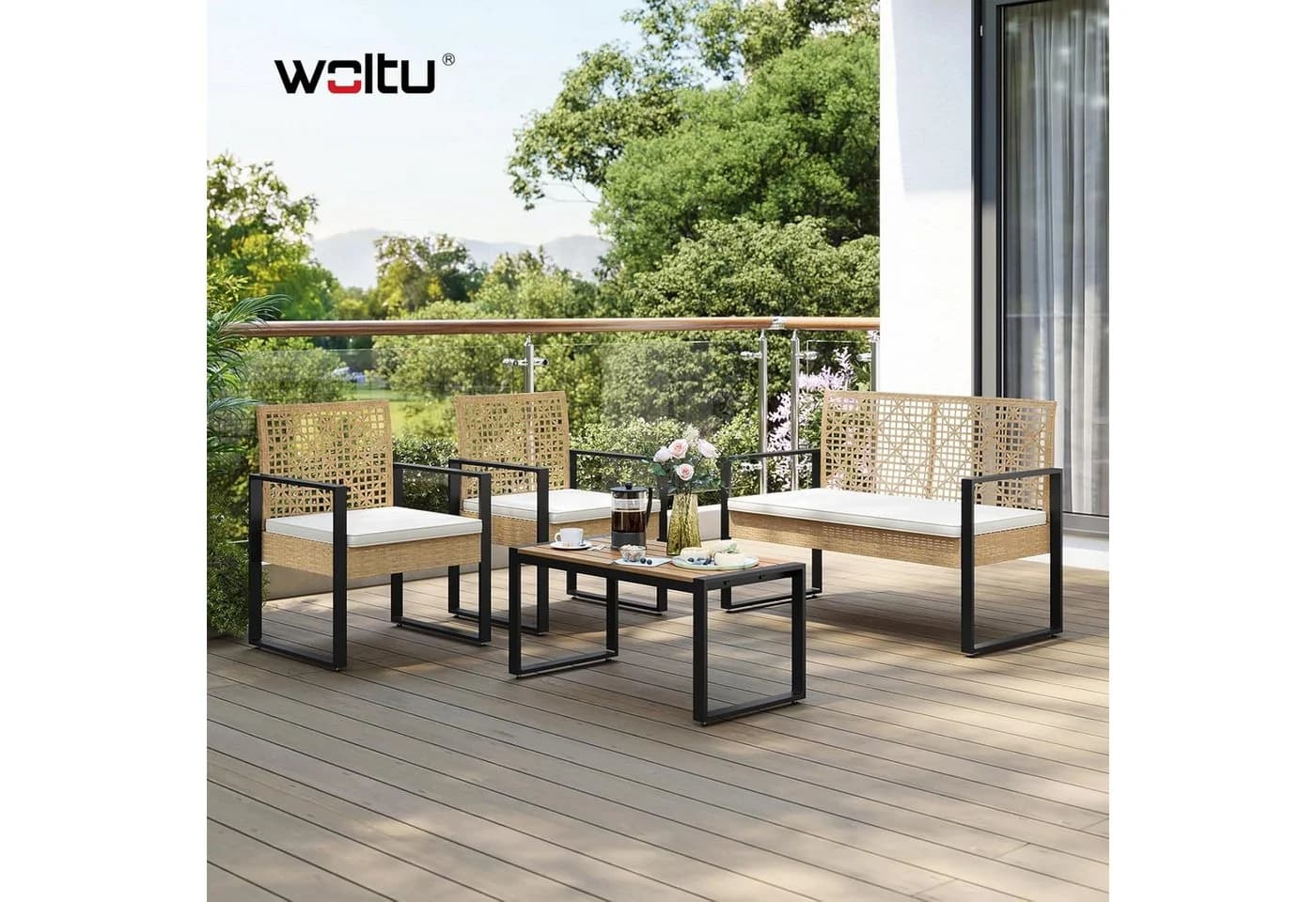 Woltu Gartenlounge-Set 4-tlg. Beige Rattan-Optik mit Kissen