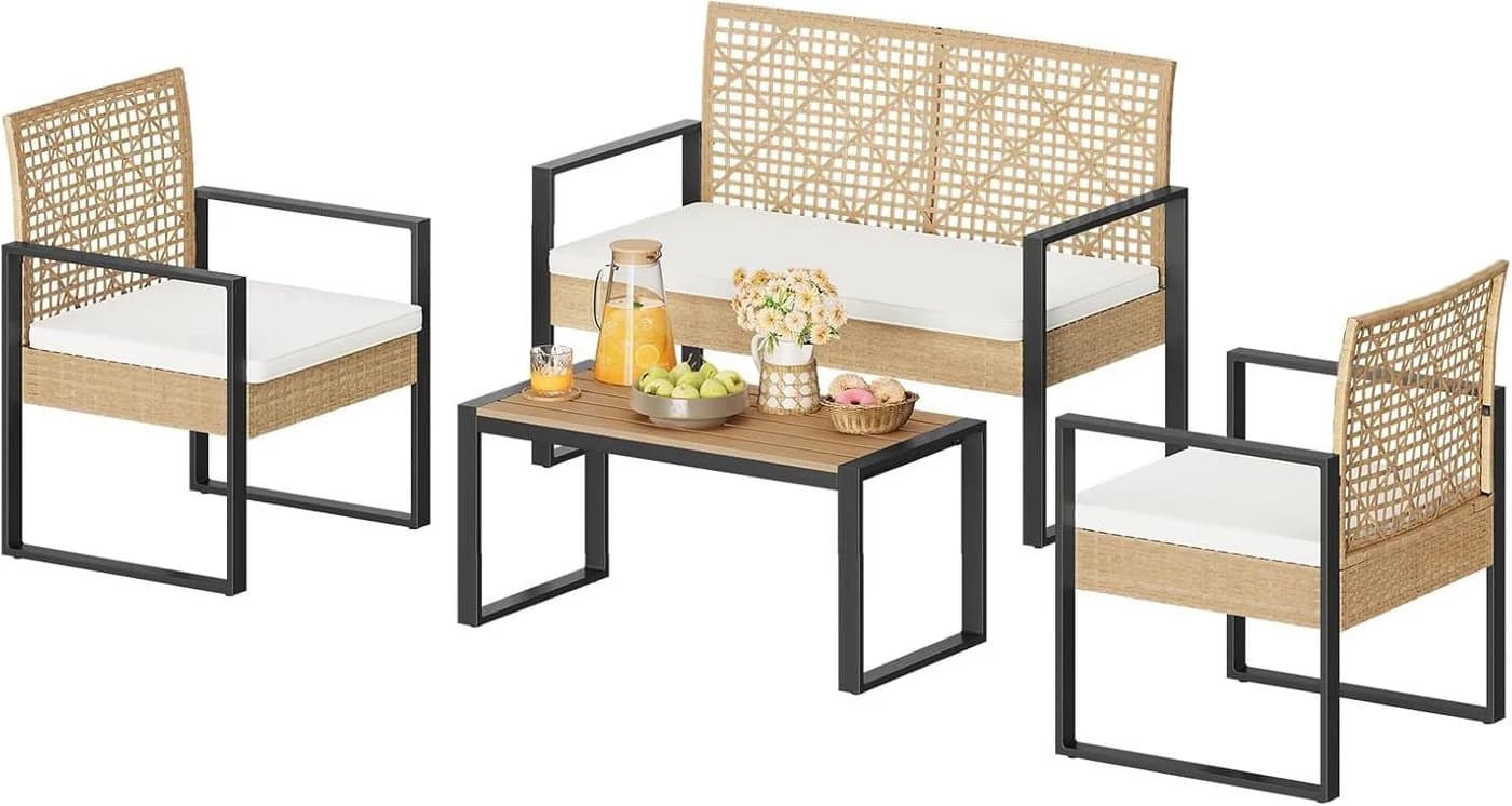 Woltu Gartenlounge-Set 4-tlg. Beige Rattan-Optik mit Kissen - Bild 2