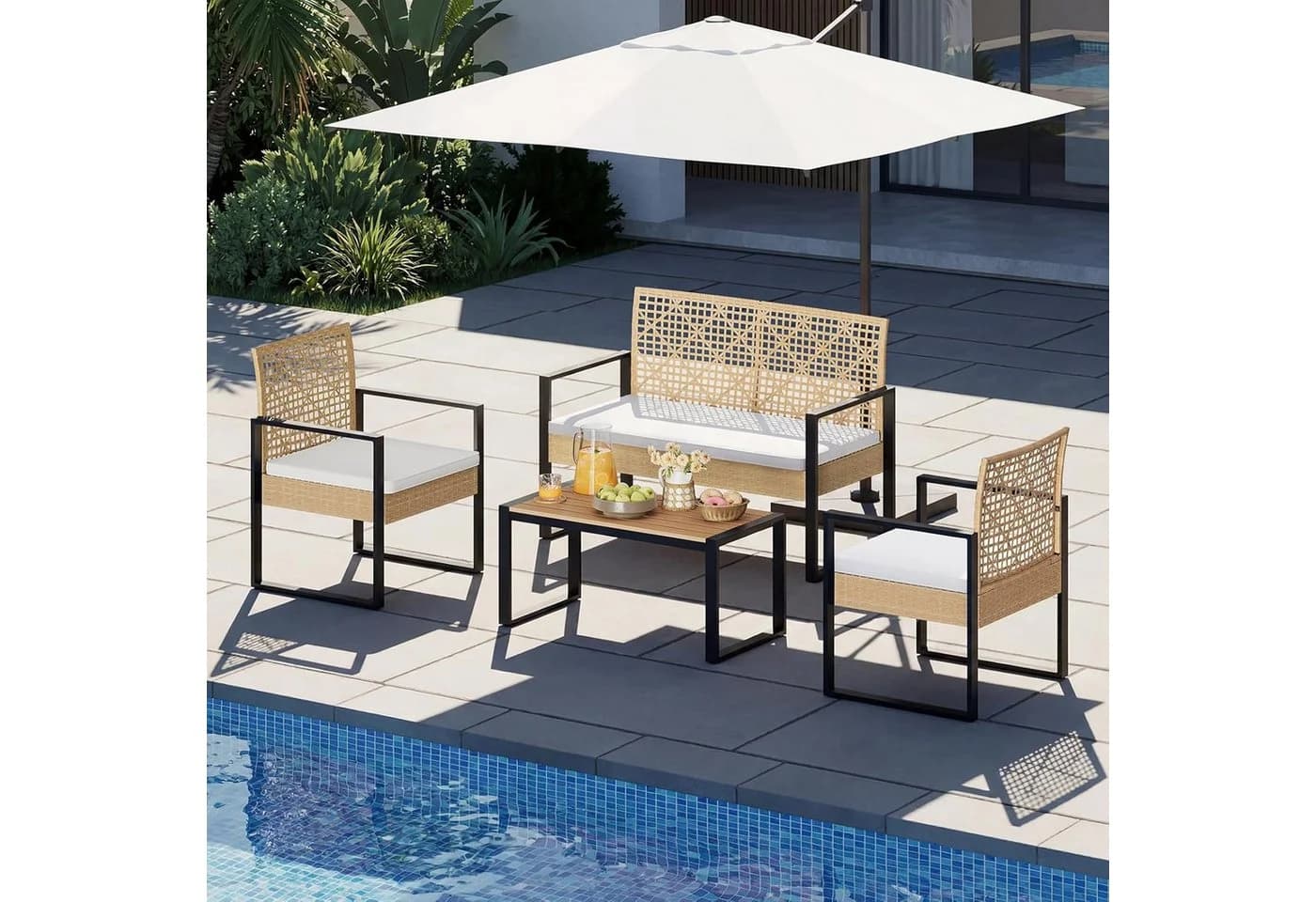 Woltu Gartenlounge-Set 4-tlg. Beige Rattan-Optik mit Kissen - Bild 4