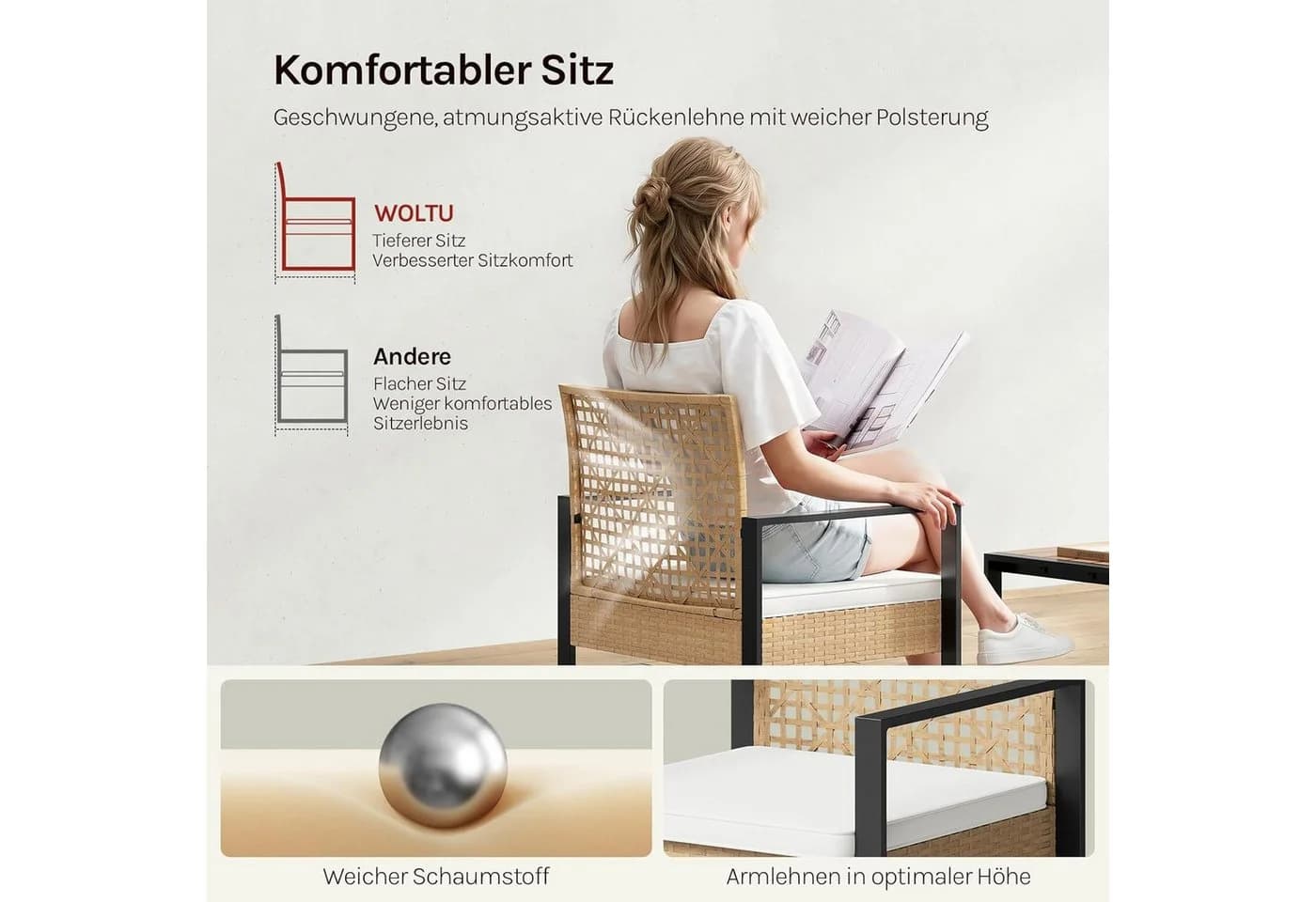 Woltu Gartenlounge-Set 4-tlg. Beige Rattan-Optik mit Kissen - Bild 5