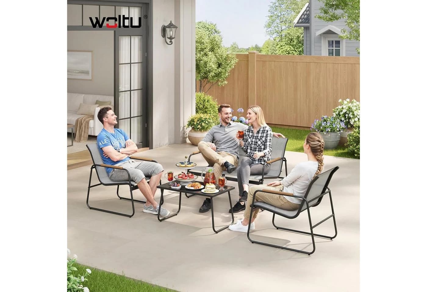 Woltu Gartenlounge-Set 4-tlg. Grau/Schwarz Eisen & Glas