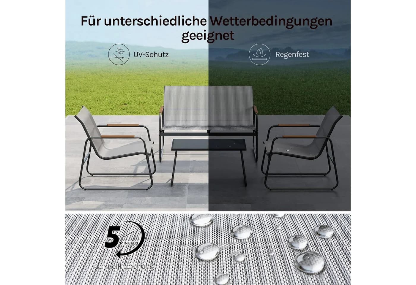 Woltu Gartenlounge-Set 4-tlg. Grau/Schwarz Eisen & Glas - Bild 5
