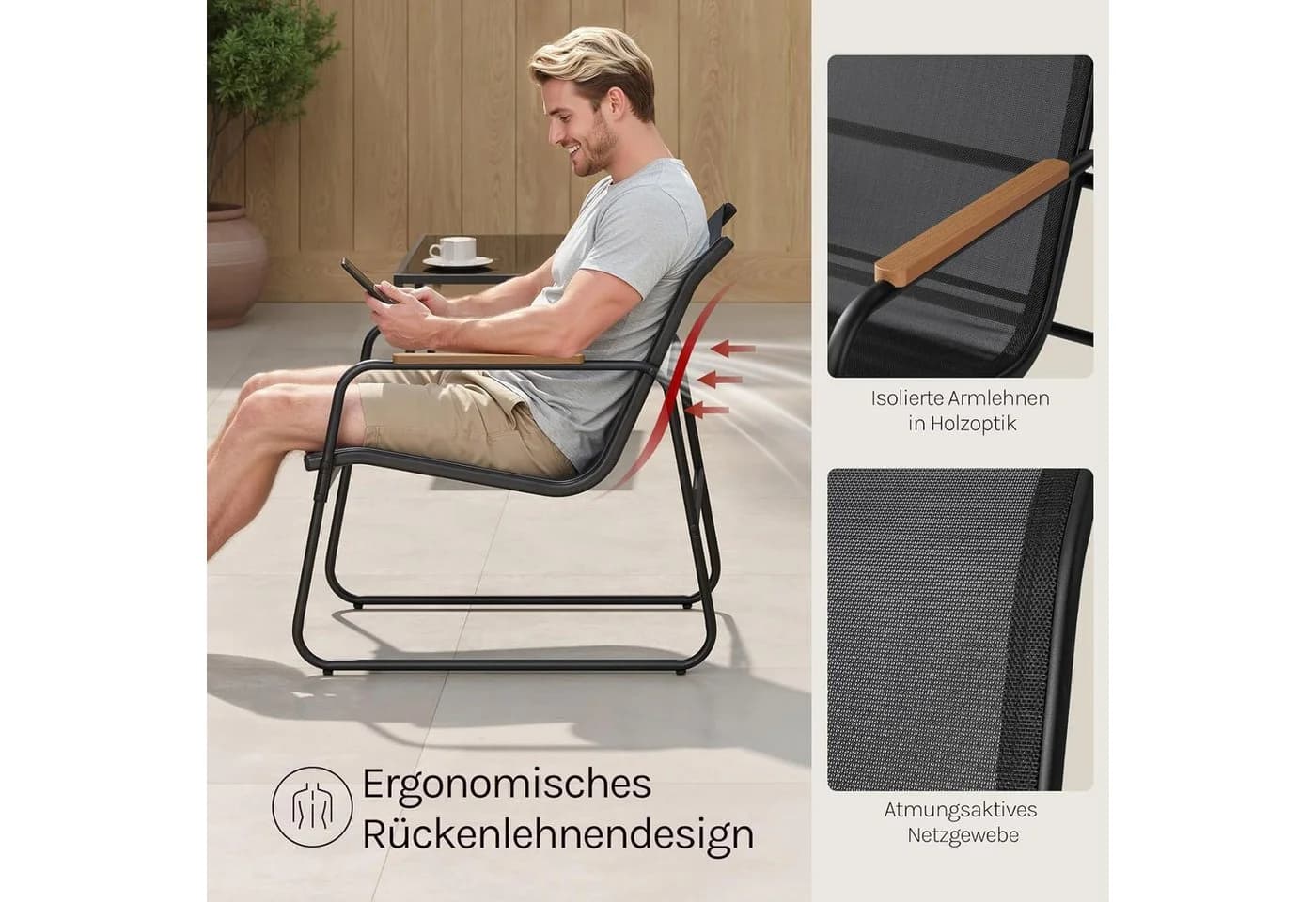 Woltu Gartenmöbel-Set 4-tlg. Schwarz/Grau mit Glasplatte & Textilene - Bild 5