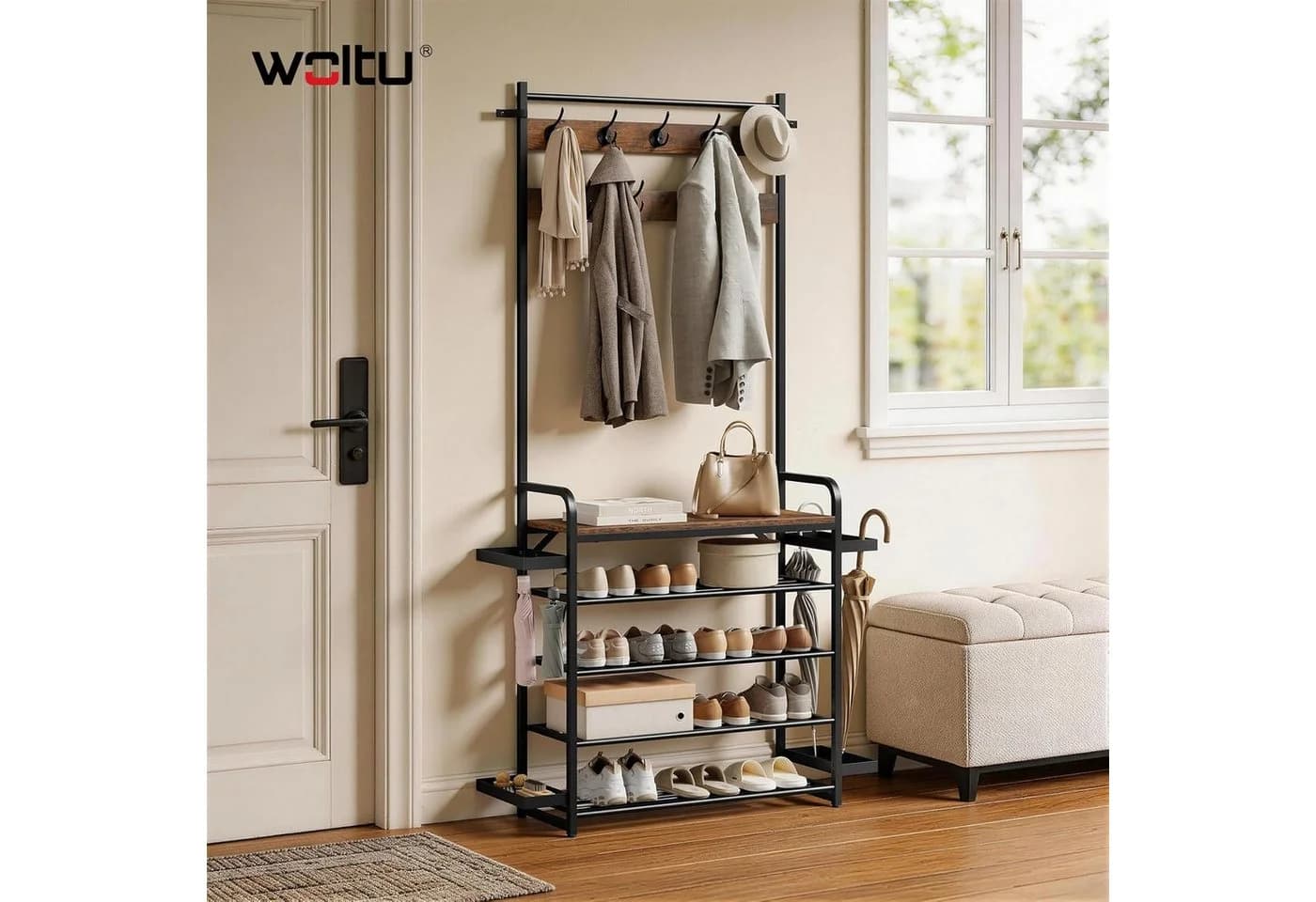 Woltu Kleiderständer 4-in-1 Garderobenständer mit Schuhregal Braun/Schwarz
