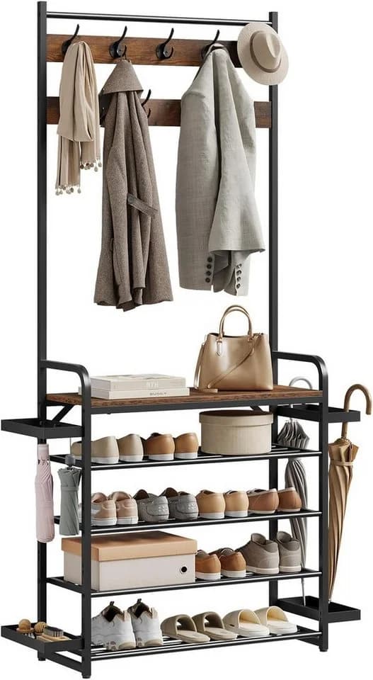 Woltu Kleiderständer 4-in-1 Garderobenständer mit Schuhregal Braun/Schwarz - Bild 2