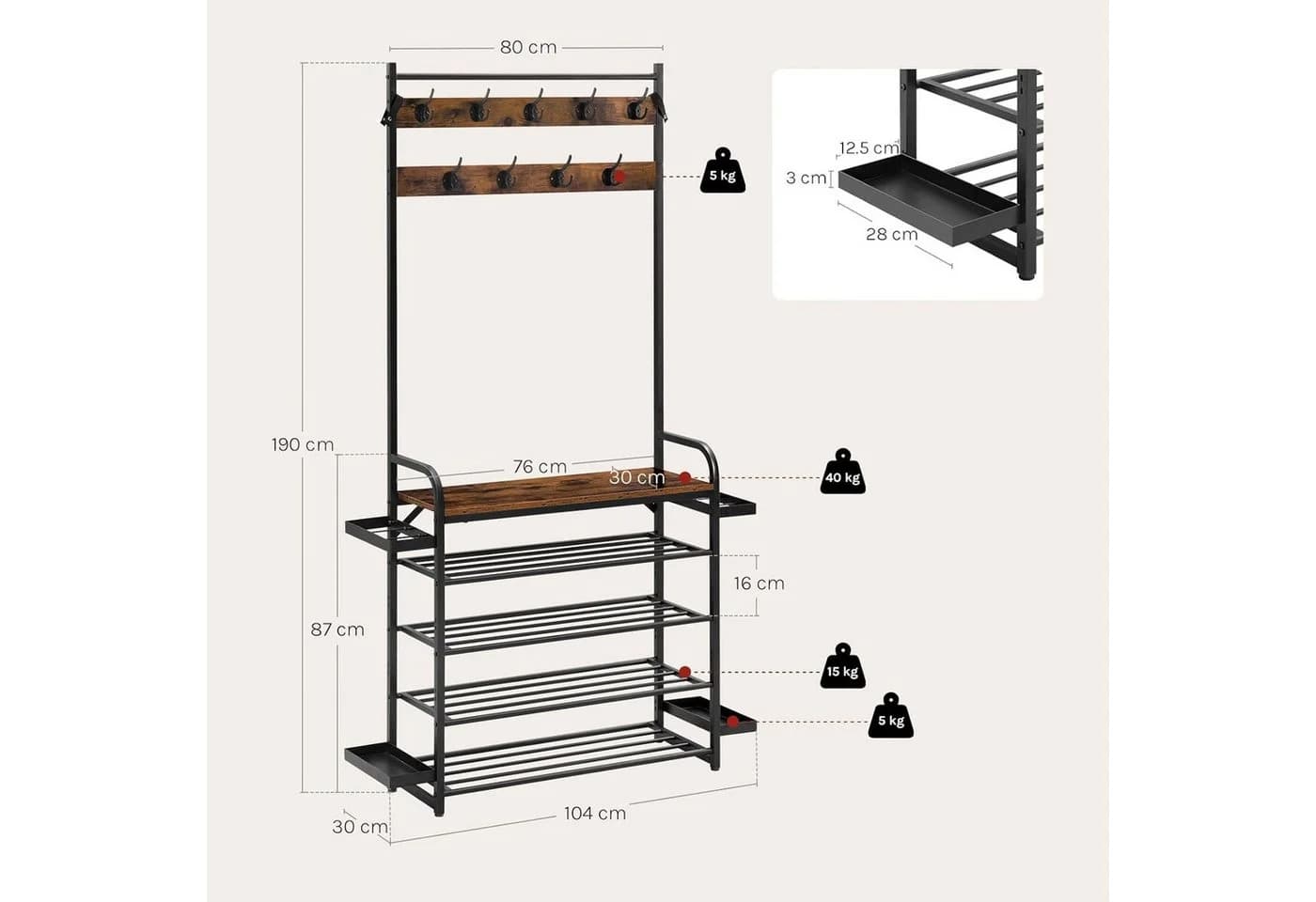 Woltu Kleiderständer 4-in-1 Garderobenständer mit Schuhregal Braun/Schwarz - Bild 3