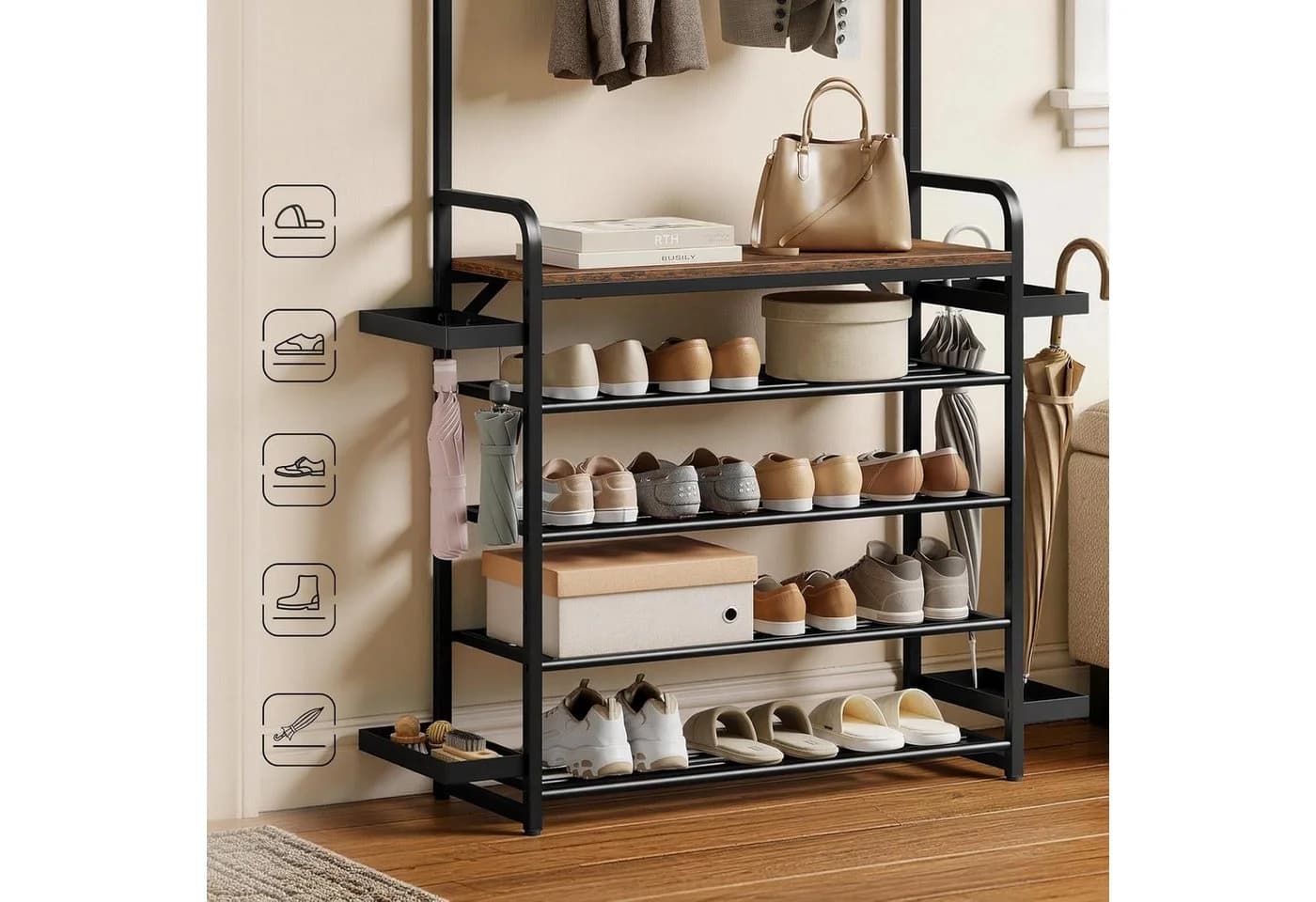 Woltu Kleiderständer 4-in-1 Garderobenständer mit Schuhregal Braun/Schwarz - Bild 5