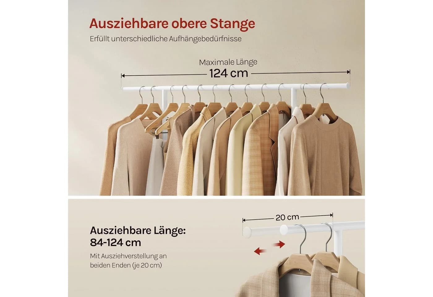Woltu Kleiderständer mit Rollen und ausziehbarer Stange Weiß/Schwarz - Bild 4