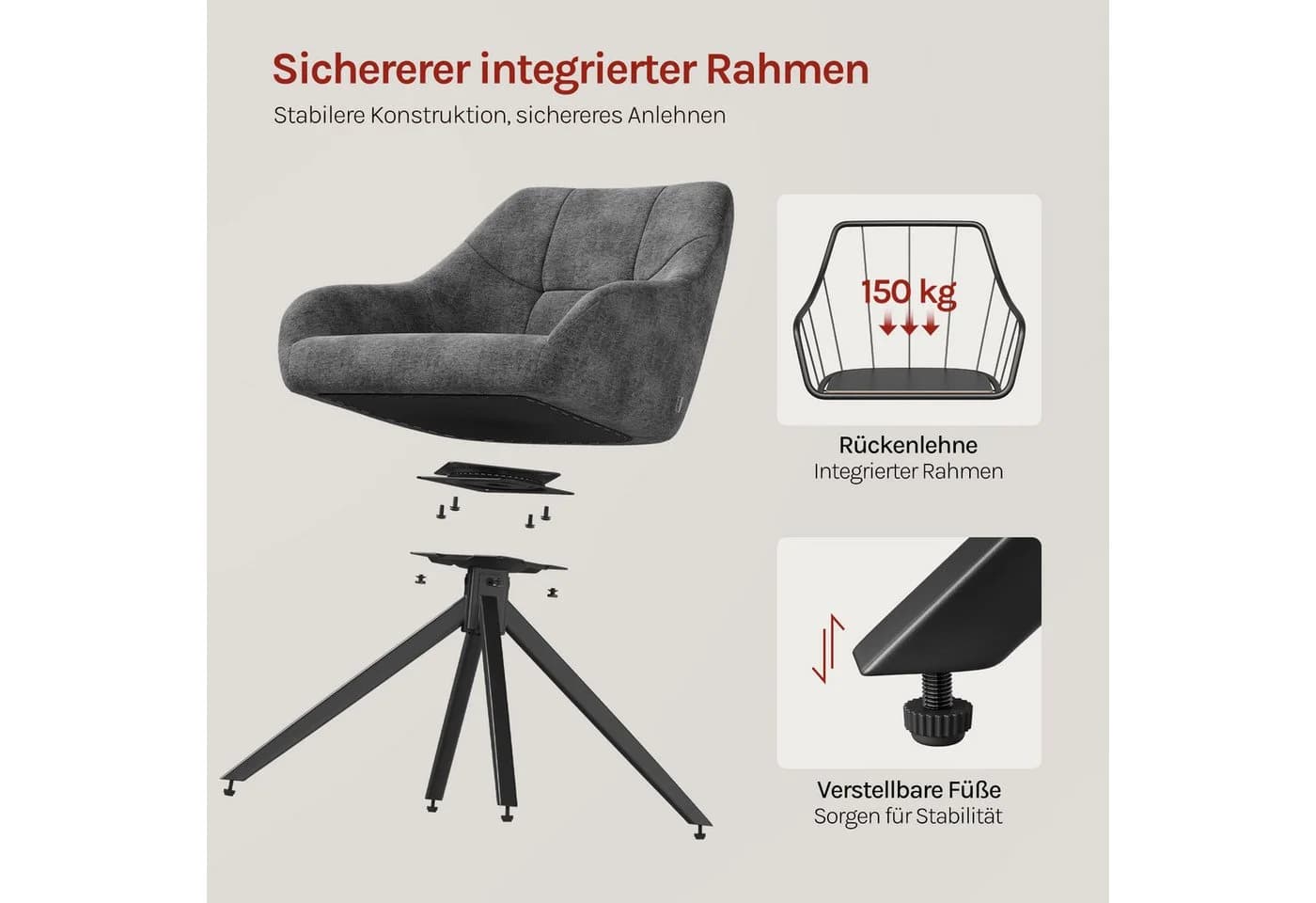 Woltu Esszimmerstühle 2er Set Grau Chenille Drehbar mit Armlehne - Bild 5
