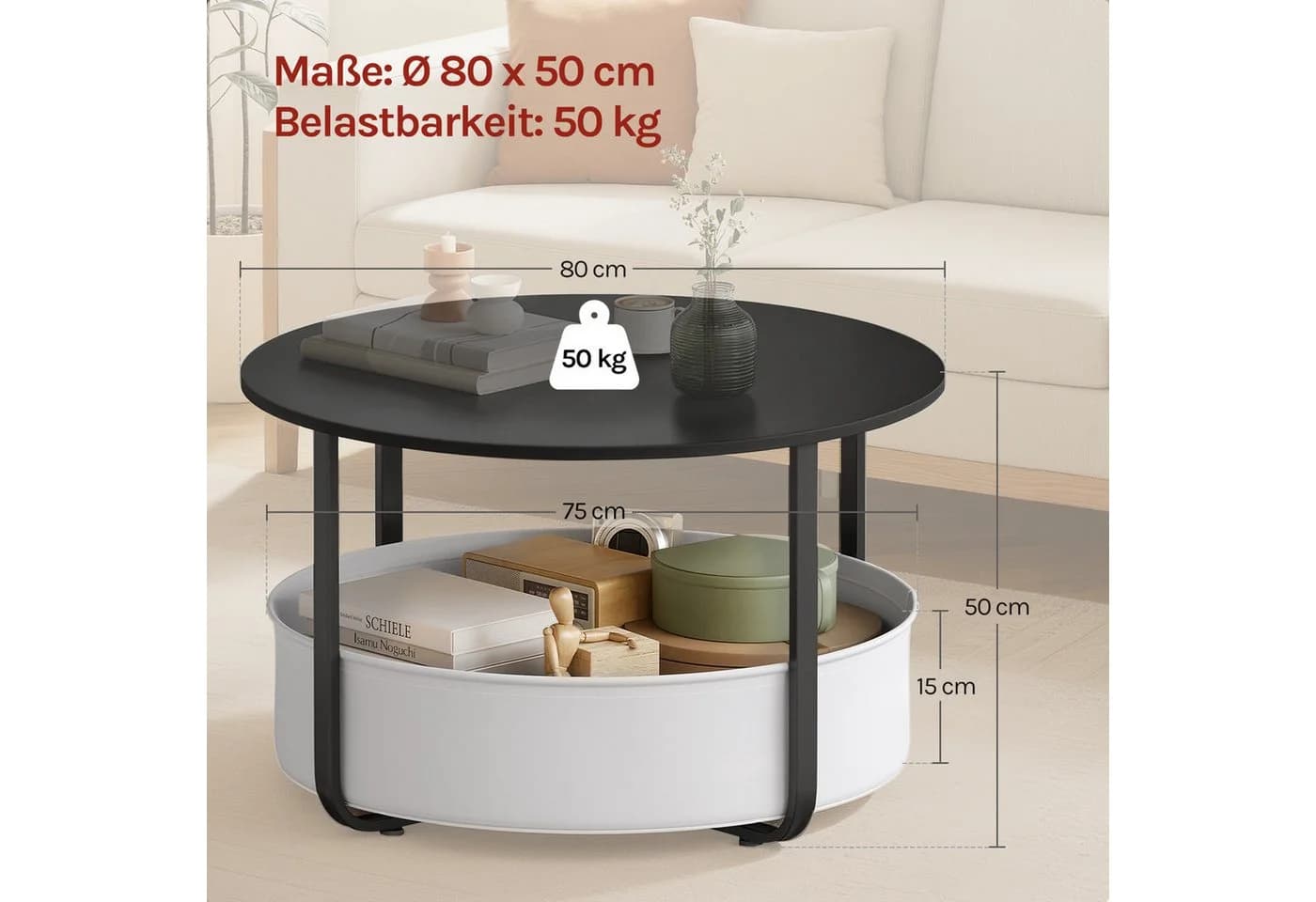Woltu Runder Couchtisch mit Aufbewahrungskorb Schwarz/Weiß - Bild 3