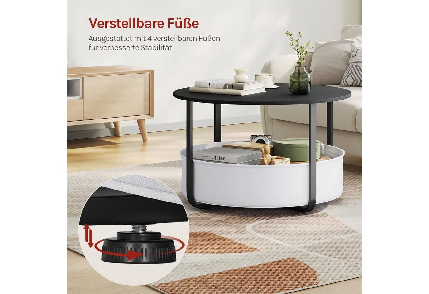 Woltu Runder Couchtisch mit Aufbewahrungskorb Schwarz/Weiß - Bild 5