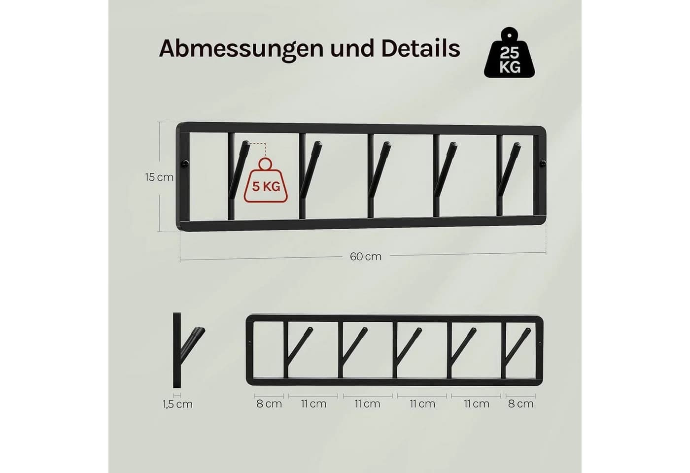 Woltu Wandgarderobe mit 5 drehbaren Haken aus Metall Schwarz/Weiß - Bild 3