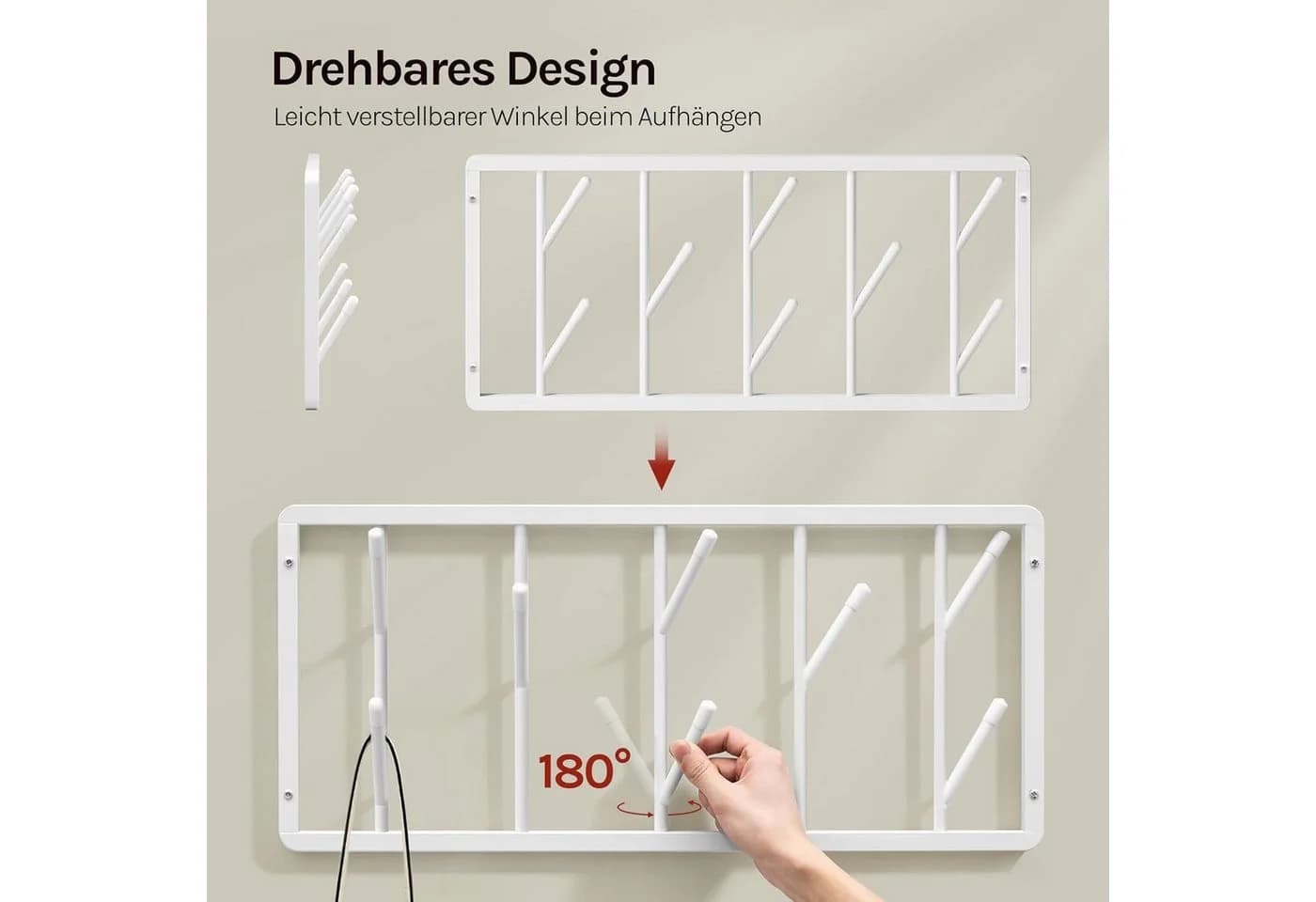 Woltu Wandgarderobe mit 8 drehbaren Haken Metall Schwarz/Weiß - Bild 5