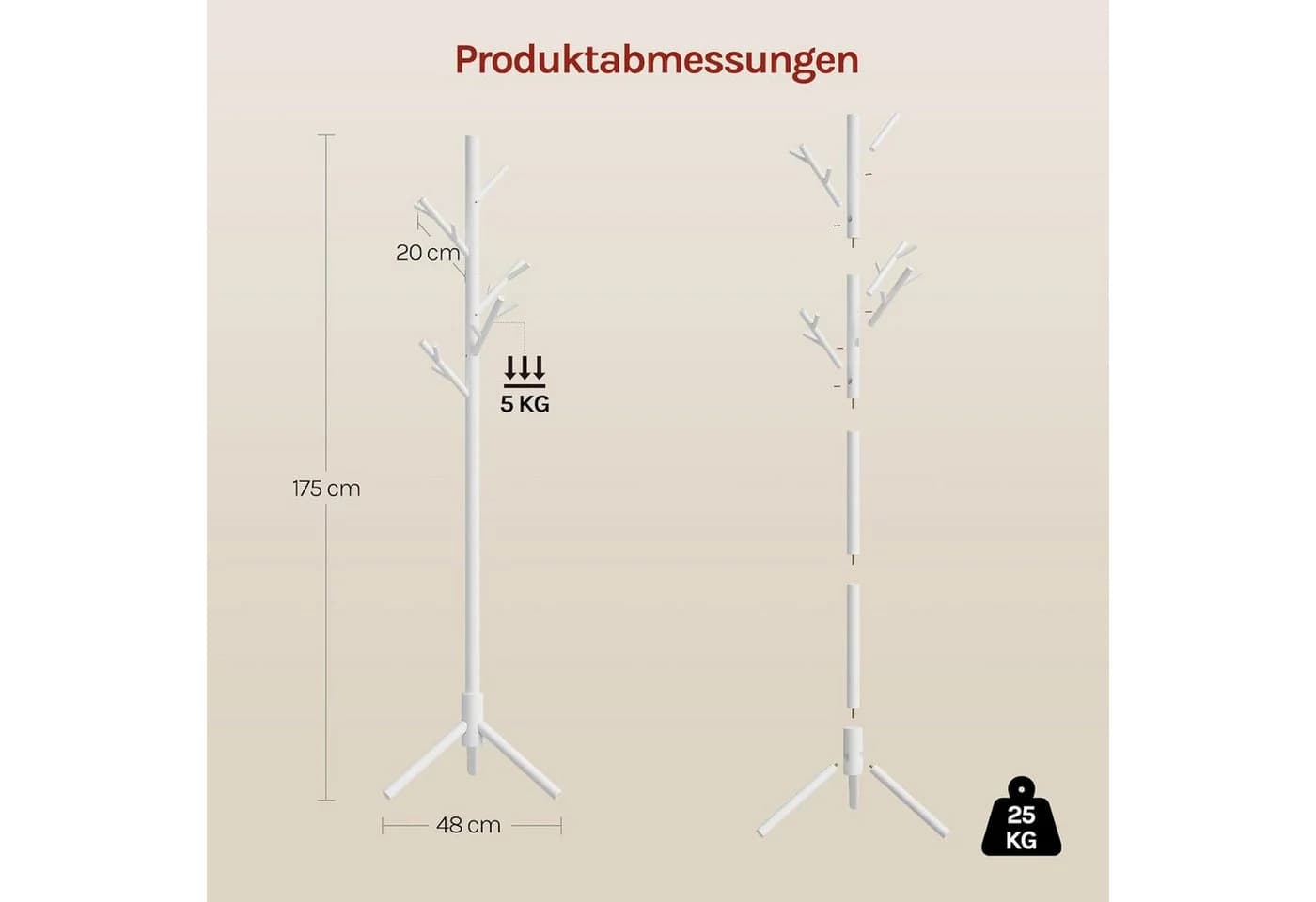 Woltu Garderobenständer Baumform Holz 3 Höhen Weiß - Bild 3