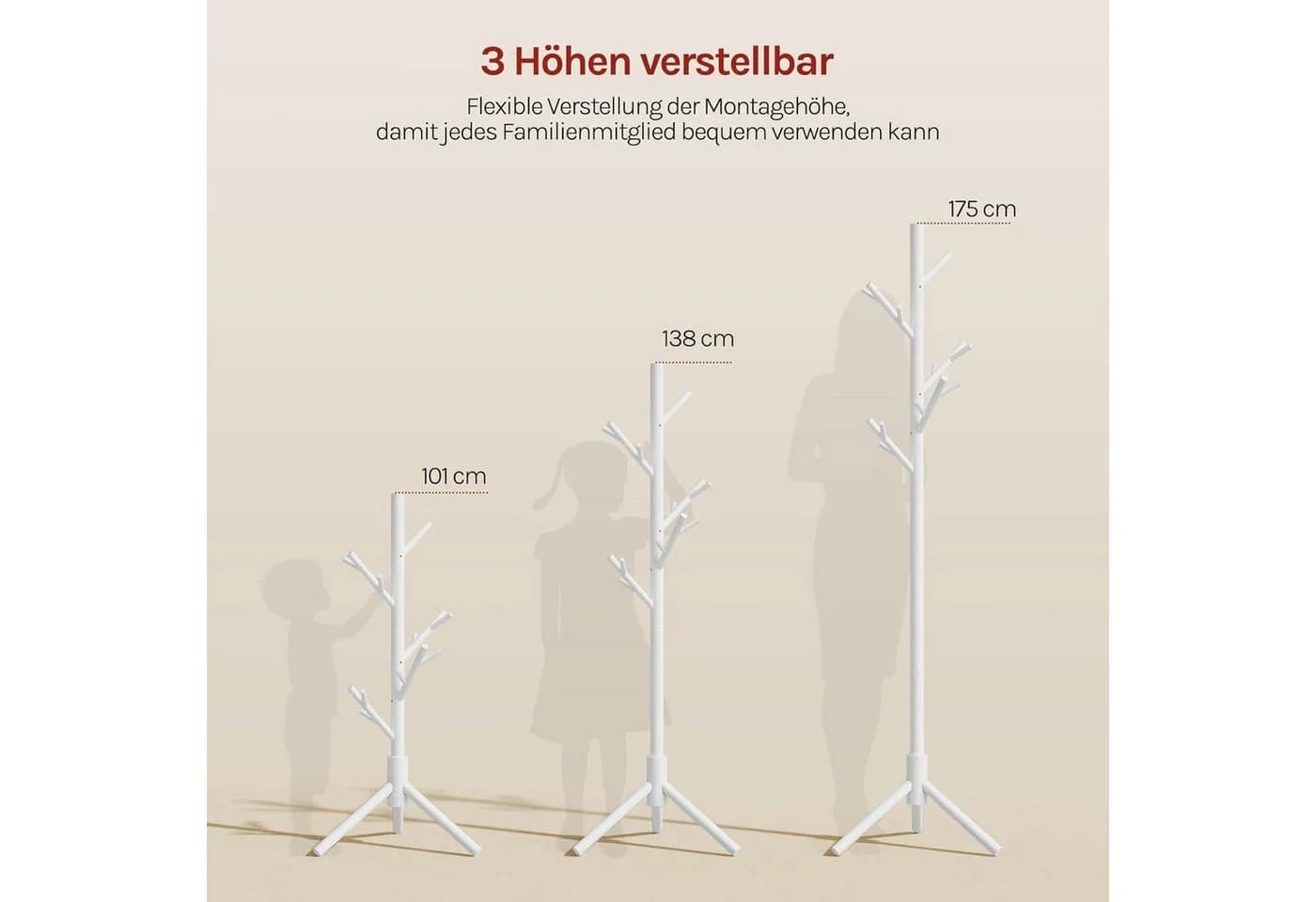 Woltu Garderobenständer Baumform Holz 3 Höhen Weiß - Bild 4