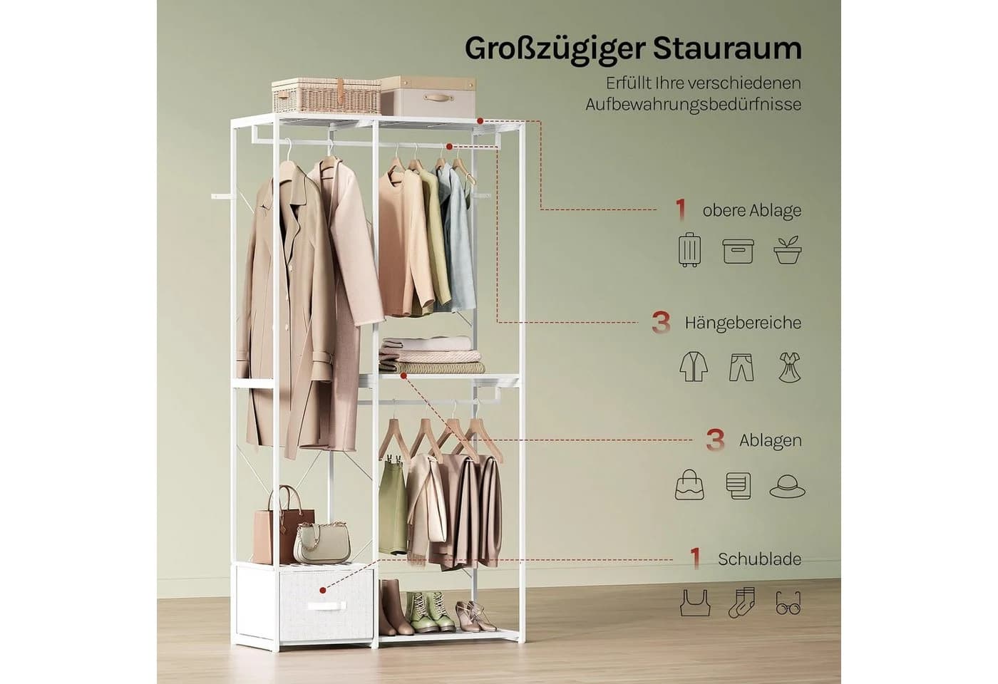 Woltu Kleiderständer Schwarz/Weiß mit 2 Stangen, 4 Ablagen & Schublade - Bild 4