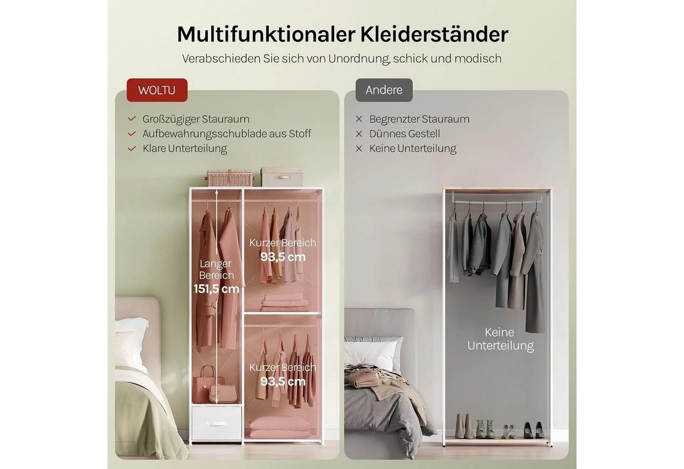 Woltu Kleiderständer Schwarz/Weiß mit 2 Stangen, 4 Ablagen & Schublade - Bild 5