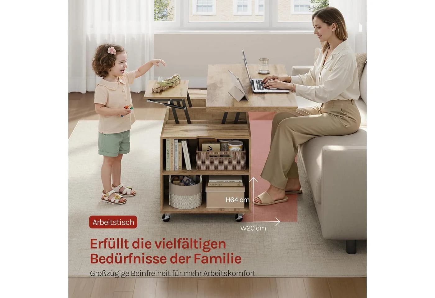 Woltu Couchtisch höhenverstellbar mit Rollen und Schublade - Bild 5