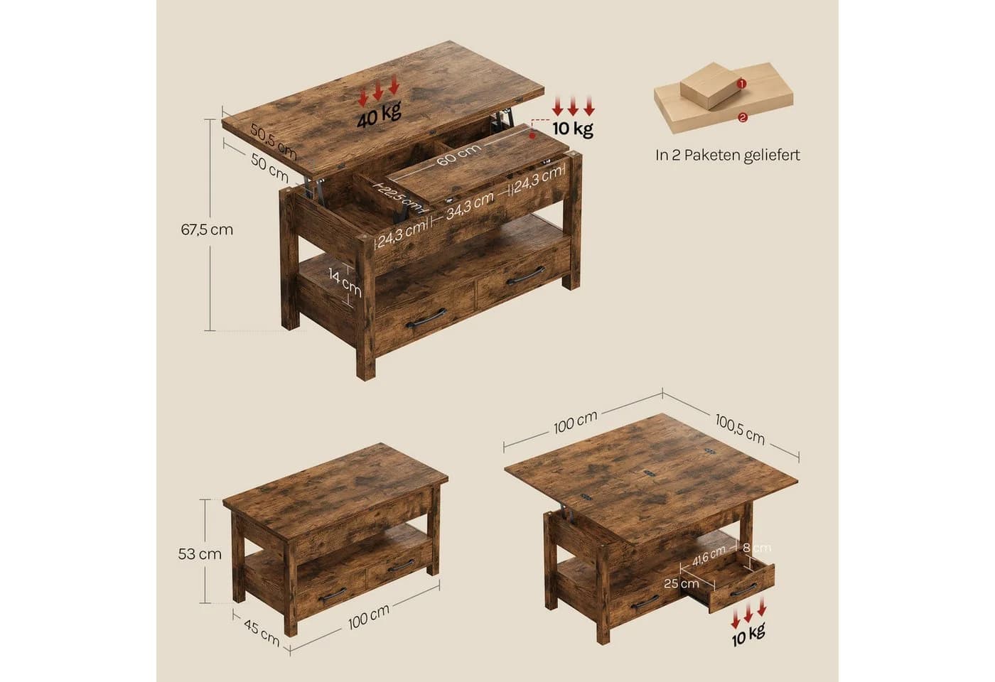 Woltu Höhenverstellbarer Couchtisch Klappbar mit Schubladen Braun/Weiß - Bild 3