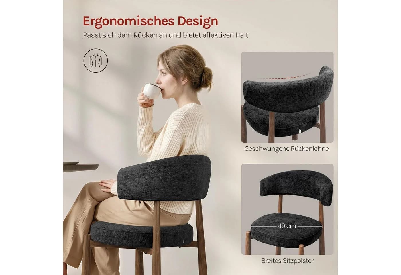 Woltu Polsterstuhl 6er Set Chenille-Bezug Metallbeine Schwarz - Bild 5