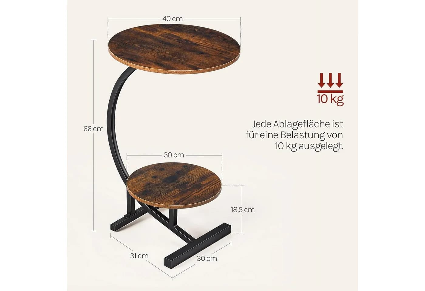 Woltu Beistelltisch Rund Schwarz/Weiß/Rustikales Braun mit 2 Ablagen - Bild 3
