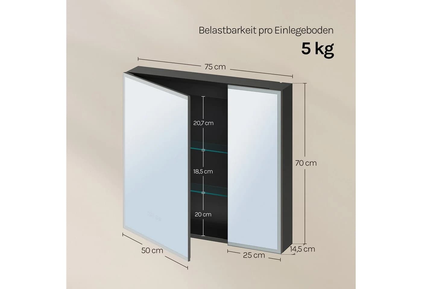 Woltu Spiegelschrank Schwarz mit Beleuchtung und Steckdosenleiste - Bild 3