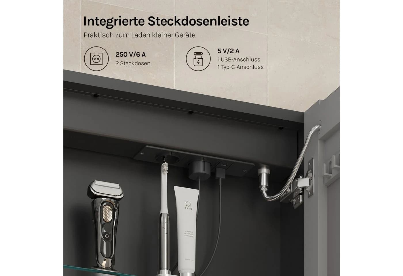 Woltu Spiegelschrank Schwarz mit Beleuchtung und Steckdosenleiste - Bild 5
