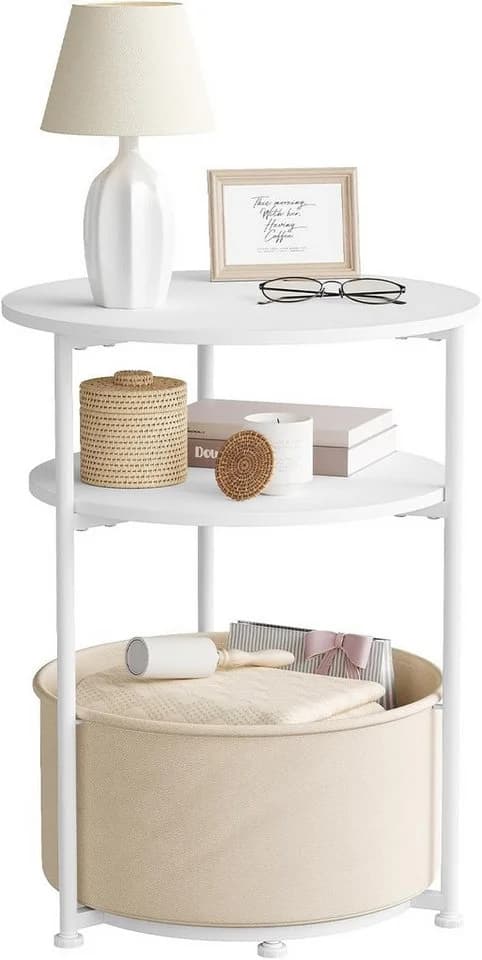 Woltu Dreistufiger Beistelltisch rund Beige/Metall mit Korb - Bild 2
