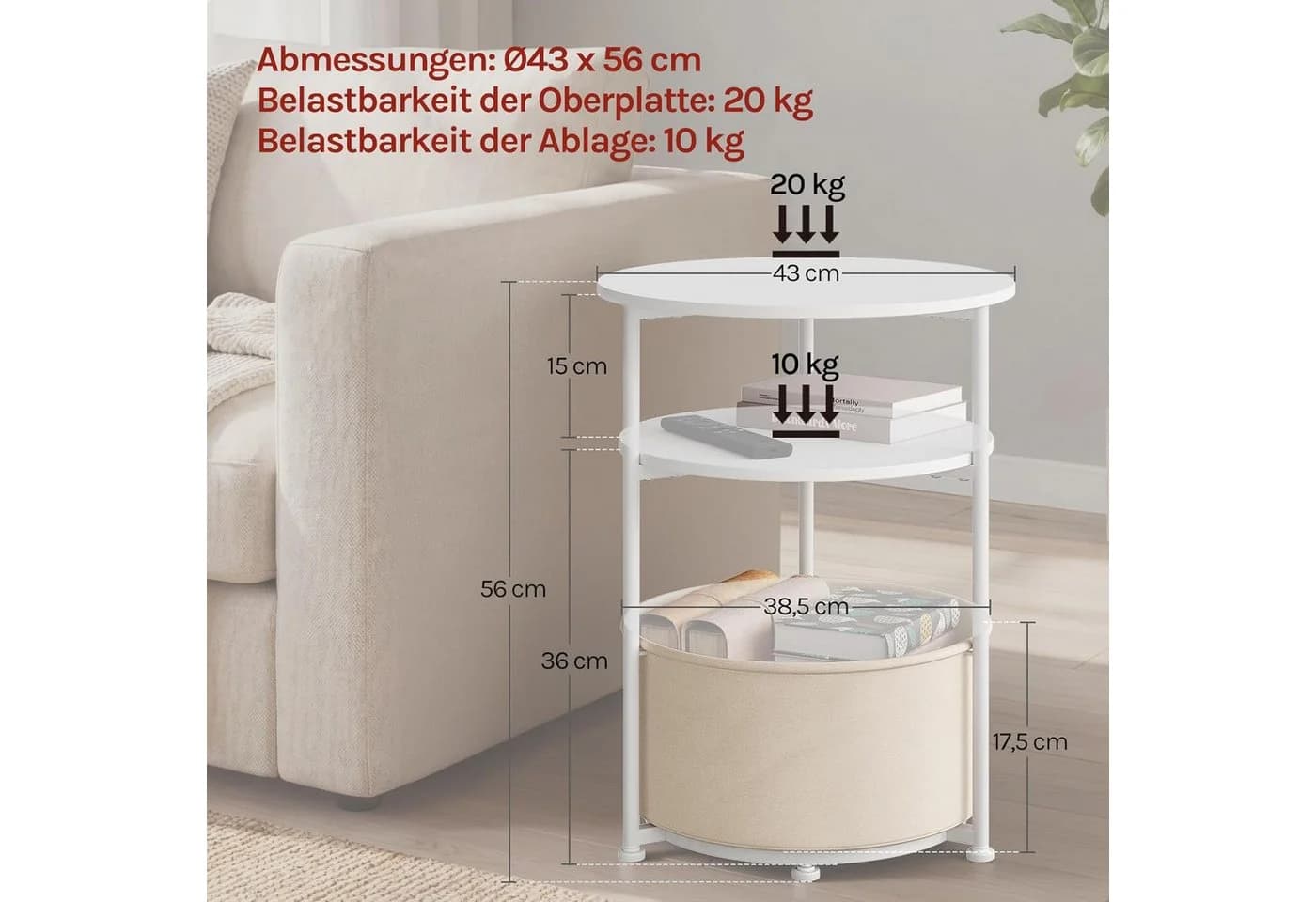 Woltu Dreistufiger Beistelltisch rund Beige/Metall mit Korb - Bild 3