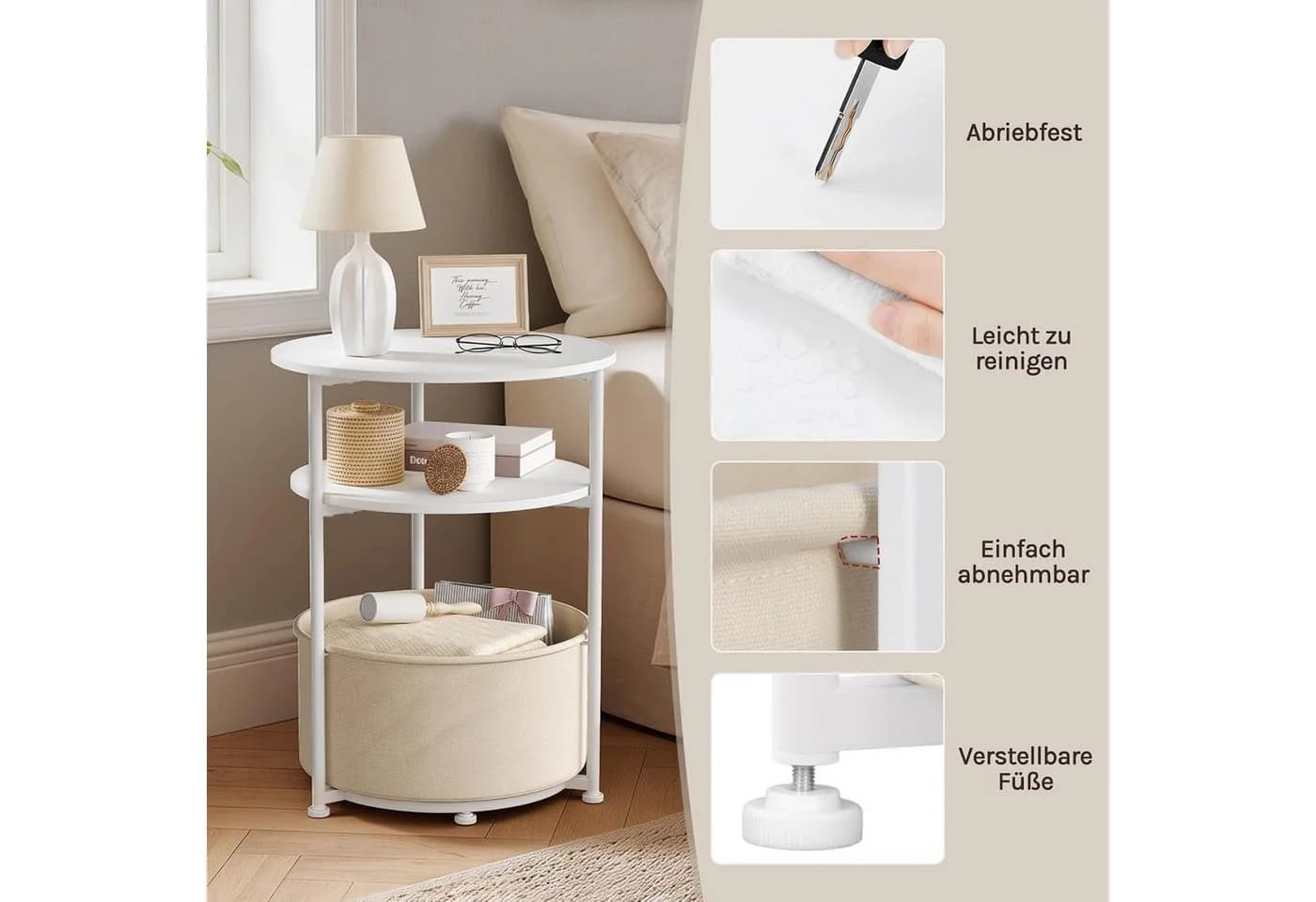 Woltu Dreistufiger Beistelltisch rund Beige/Metall mit Korb - Bild 4