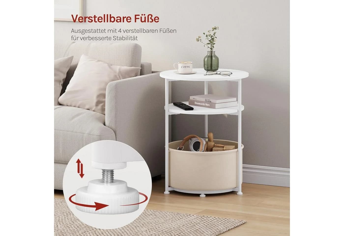 Woltu Dreistufiger Beistelltisch rund Beige/Metall mit Korb - Bild 5
