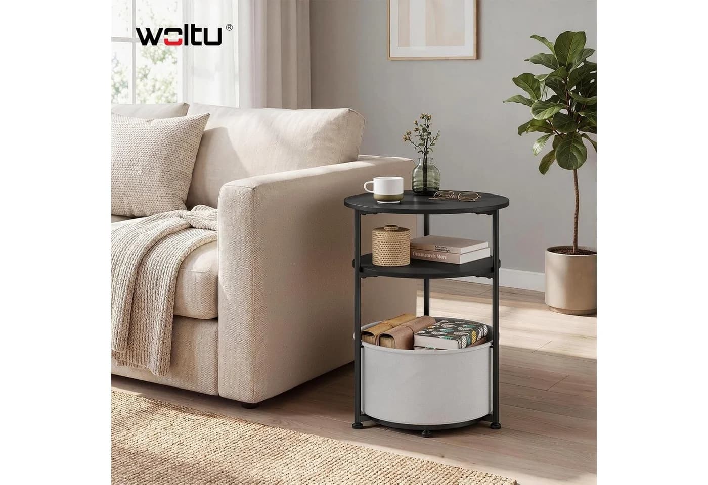 Woltu Couchtisch rund, dreistufig, Schwarz/Grau mit Stauraum-Korb
