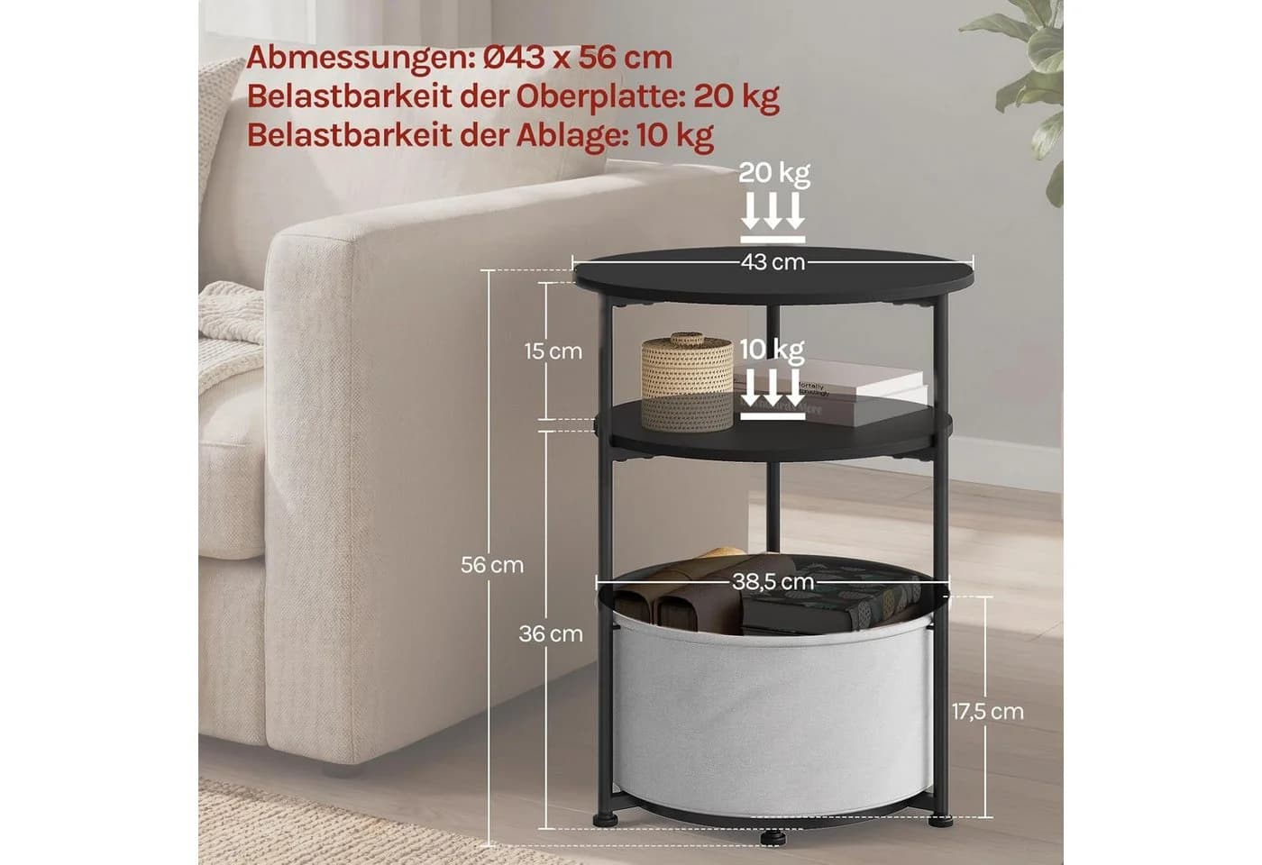 Woltu Couchtisch rund, dreistufig, Schwarz/Grau mit Stauraum-Korb - Bild 3