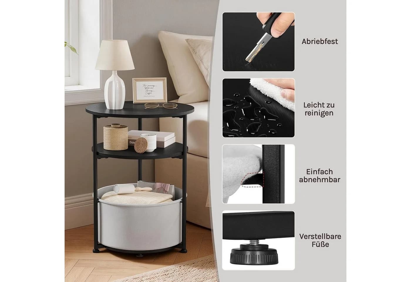 Woltu Couchtisch rund, dreistufig, Schwarz/Grau mit Stauraum-Korb - Bild 4