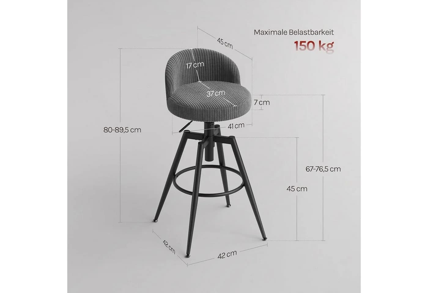 Woltu Barhocker 2er Set Höhenverstellbar Cord Grau/Schwarz - Bild 3