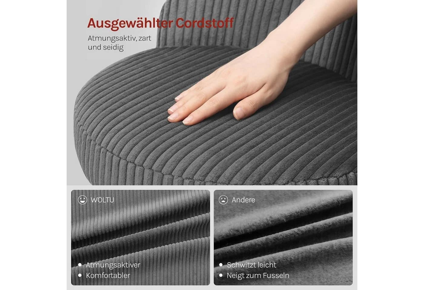 Woltu Barhocker 2er Set Höhenverstellbar Cord Grau/Schwarz - Bild 4