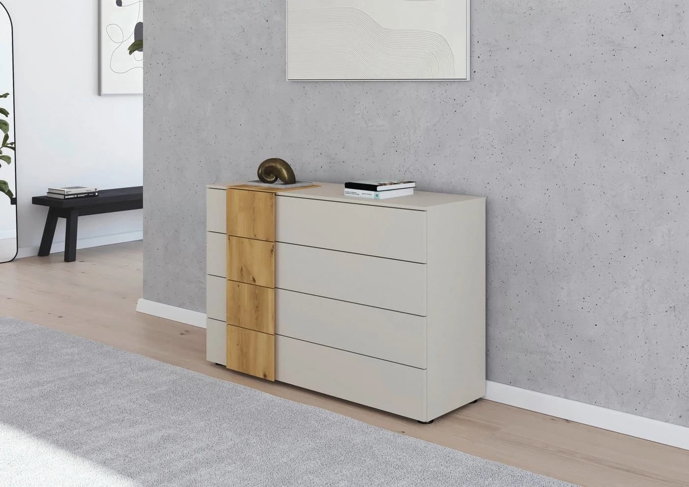 Schubkastenkommode RAUCH Sideboard Kommode Schubladenkommode KONA Beige (Champagner) Asteiche Massiv