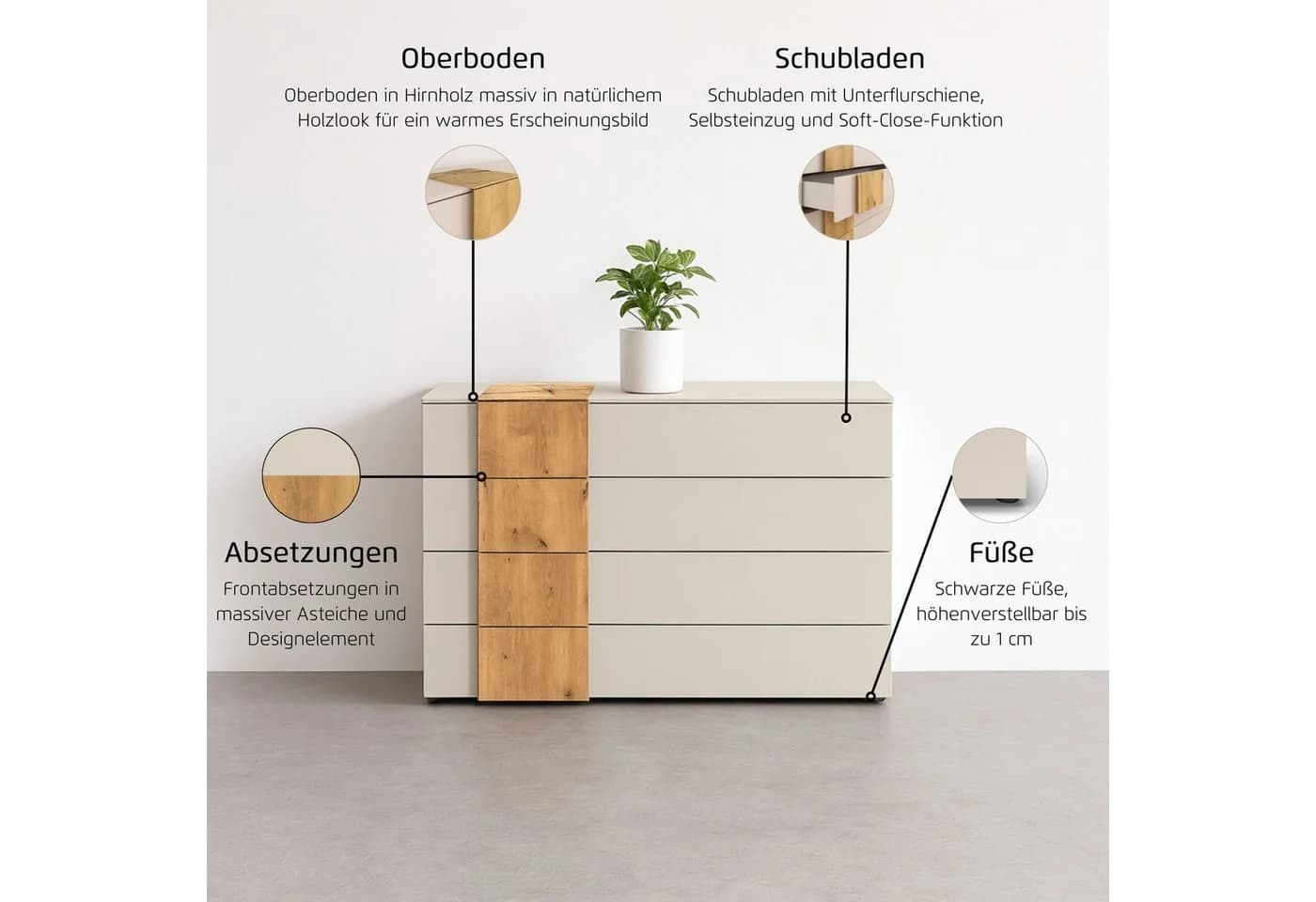 Schubkastenkommode RAUCH Sideboard Kommode Schubladenkommode KONA Beige (Champagner) Asteiche Massiv - Bild 3
