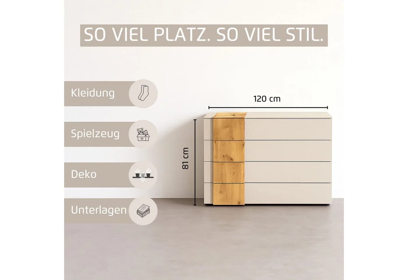 Schubkastenkommode RAUCH Sideboard Kommode Schubladenkommode KONA Beige (Champagner) Asteiche Massiv - Bild 4