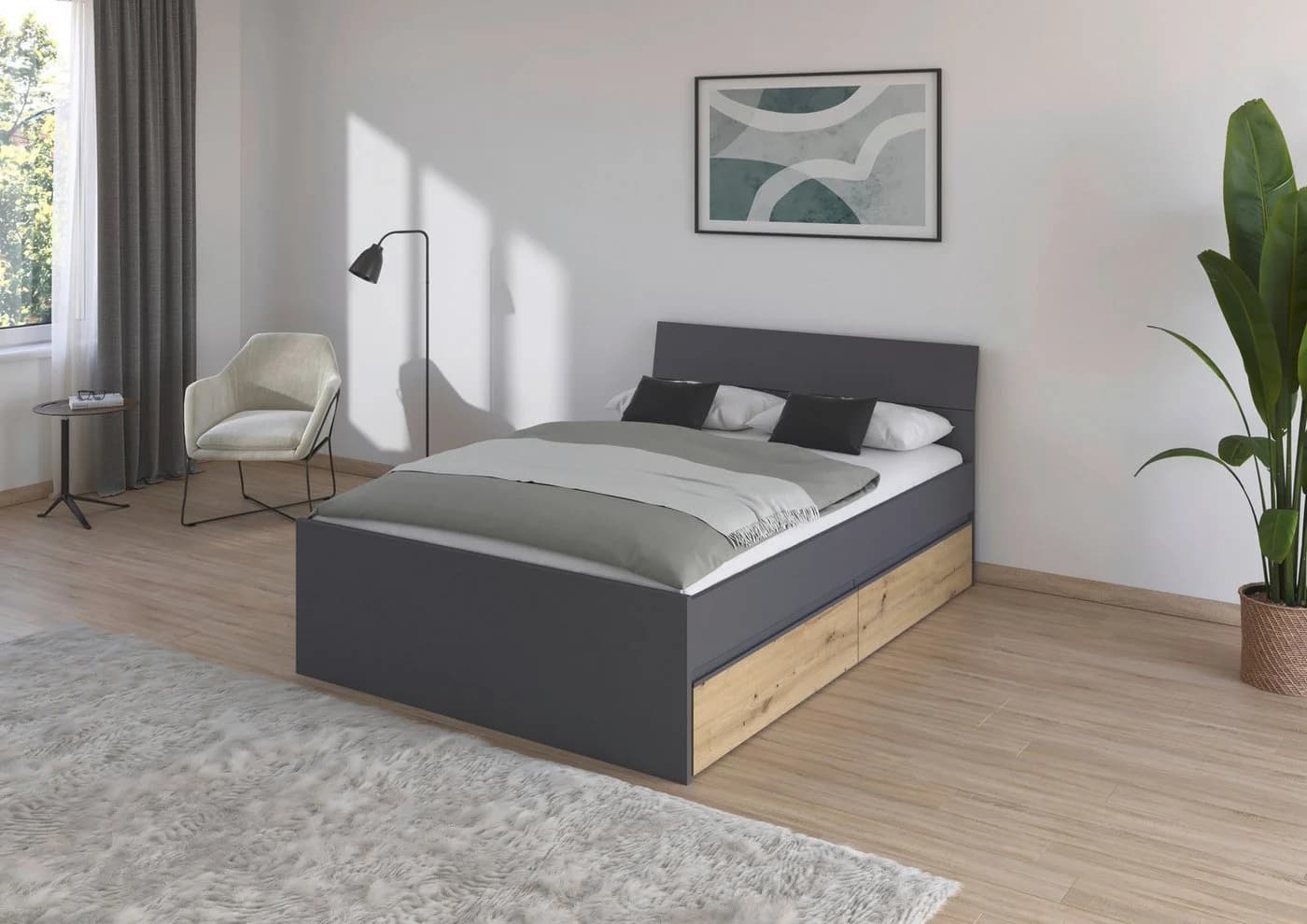 Stauraumbett RAUCH Doppelbett Graumetallic Eiche Artisan