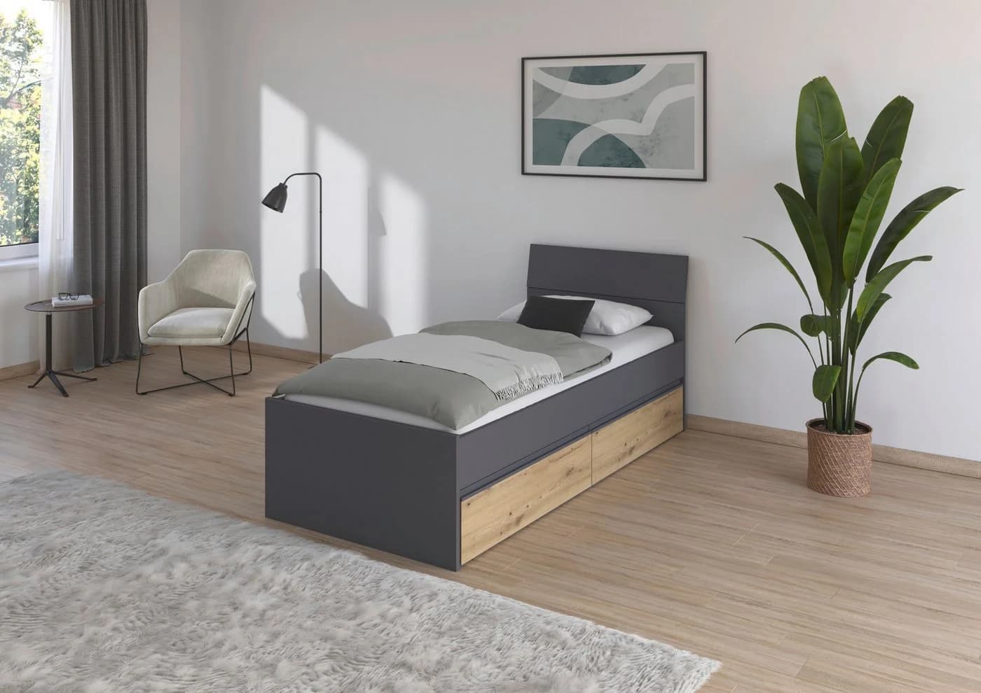 Stauraumbett RAUCH Doppelbett Einzelbett Graumetallic/Eiche Artisan
