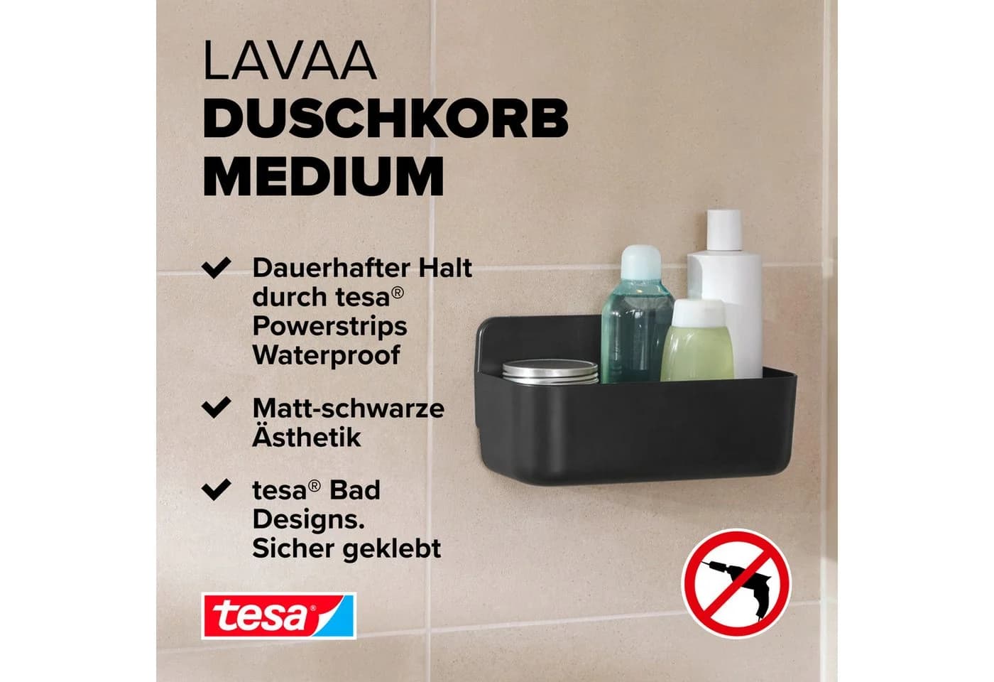 tesa Duschablage LAVAA Duschkorb Mattschwarz ohne Bohren - Bild 3